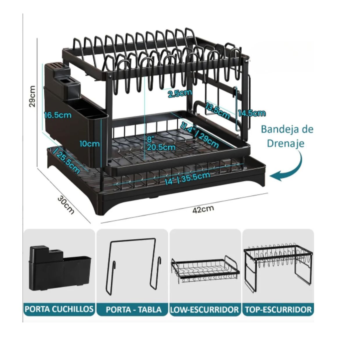 GENERICO - Secador Escurridor de Loza 2 Niveles Metal Negro - Gran Capacidad y Diseño Moderno