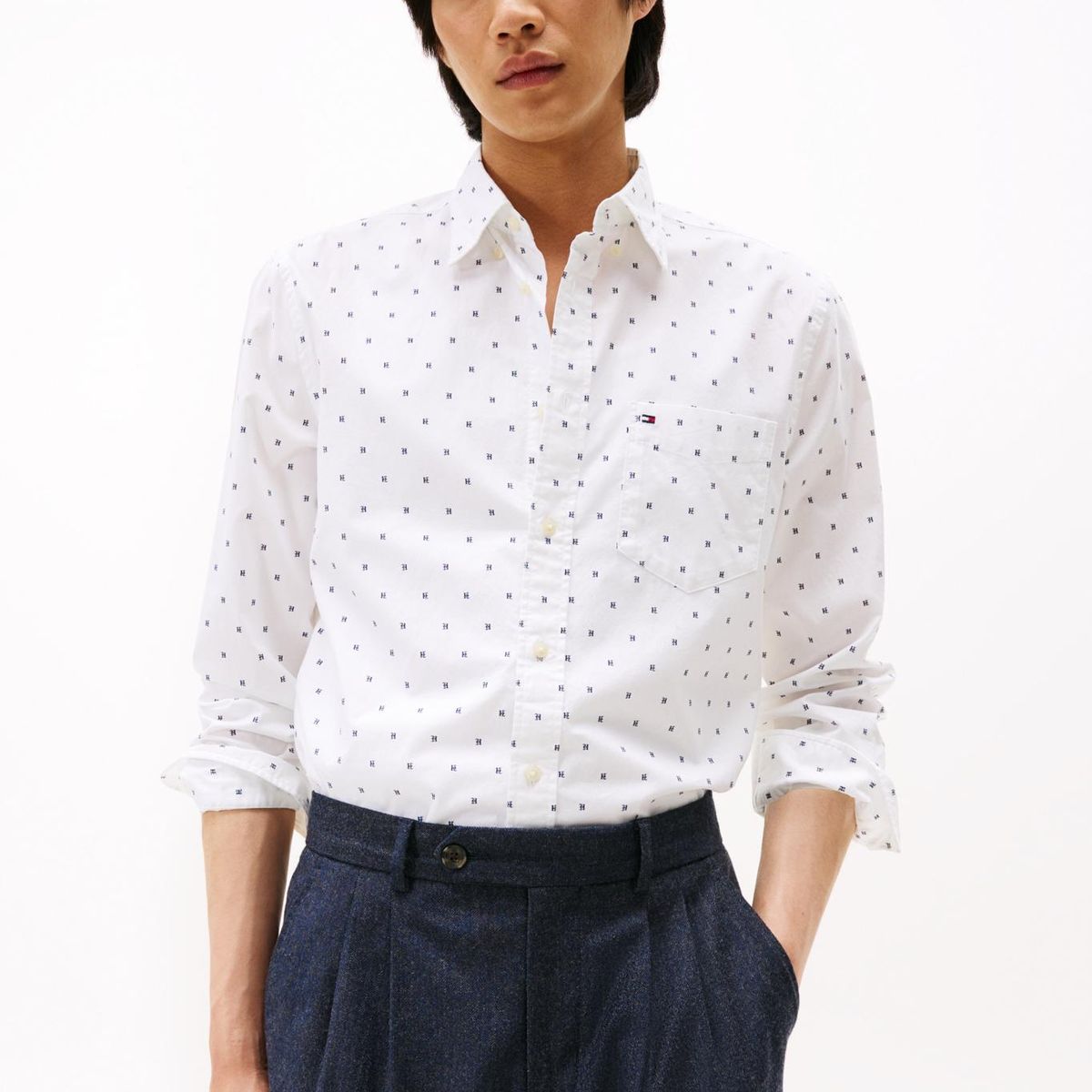 TOMMY HILFIGER - Camisa Flex Poplin Small Print Regular Fit Blanco Tommy Hilfiger