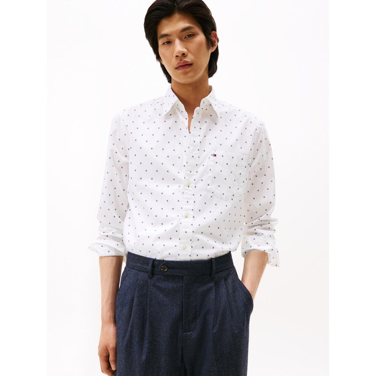 TOMMY HILFIGER - Camisa Flex Poplin Small Print Regular Fit Blanco Tommy Hilfiger