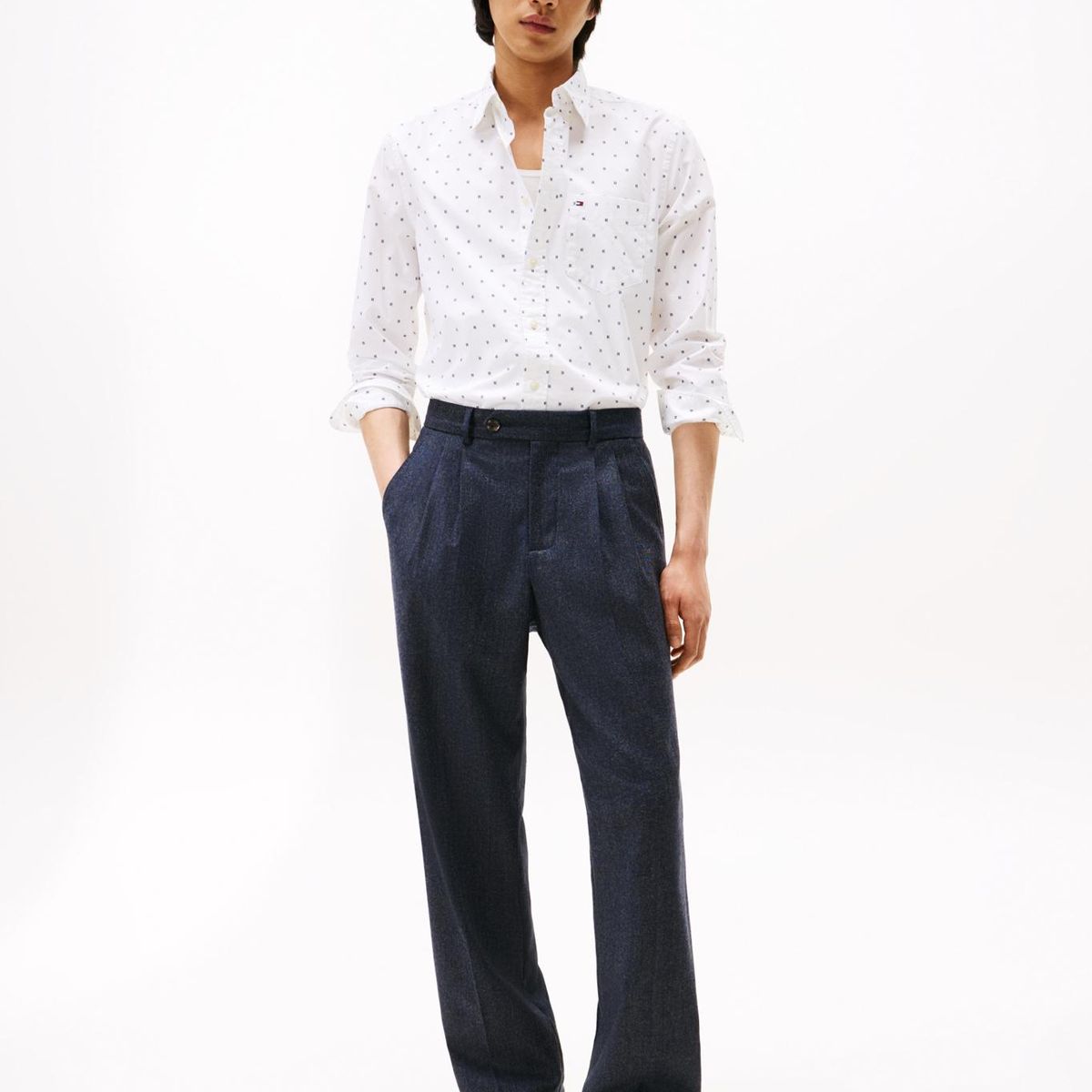 TOMMY HILFIGER - Camisa Flex Poplin Small Print Regular Fit Blanco Tommy Hilfiger