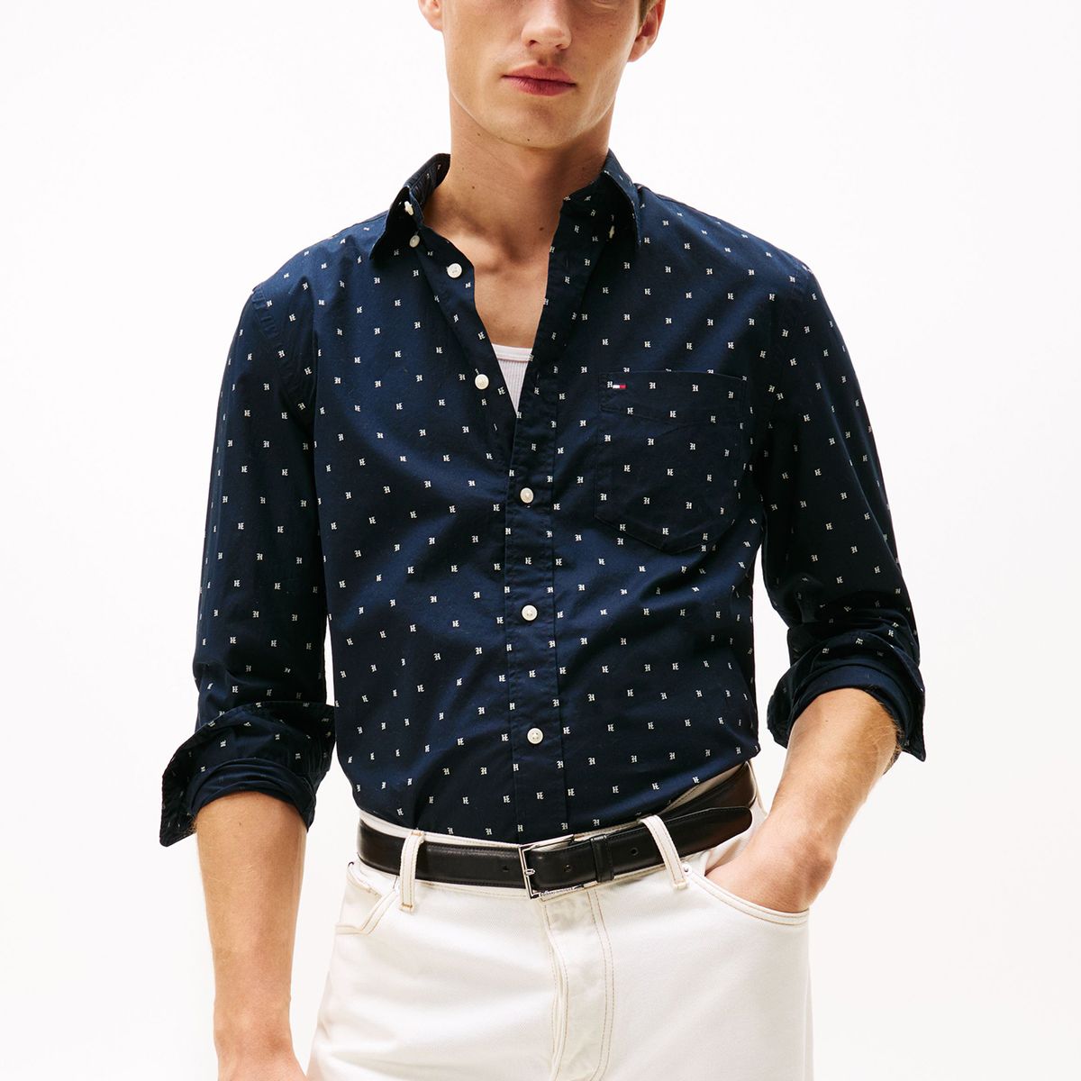 TOMMY HILFIGER - Camisa Flex Poplin Small Print Regular Fit Azul Tommy Hilfiger