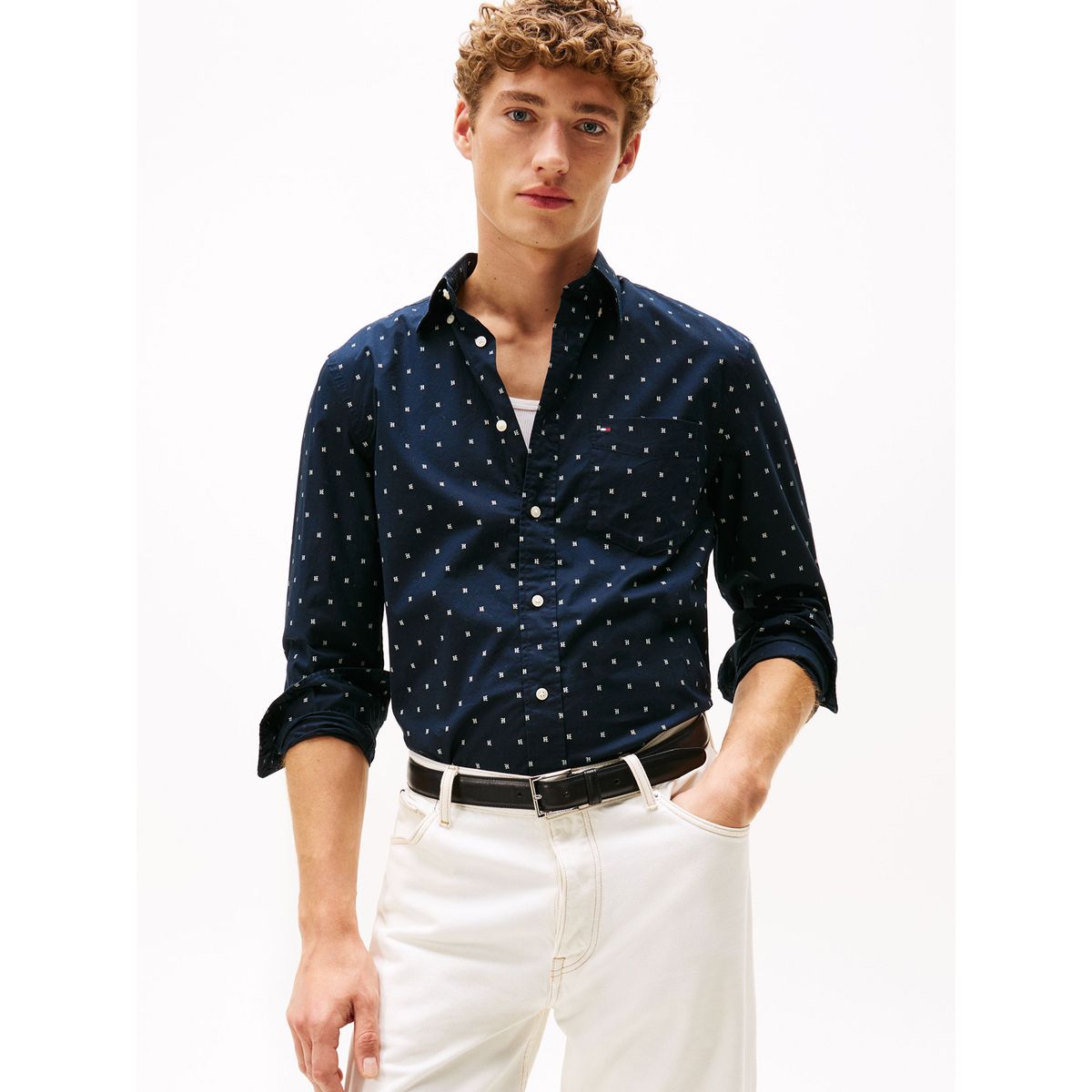 TOMMY HILFIGER - Camisa Flex Poplin Small Print Regular Fit Azul Tommy Hilfiger