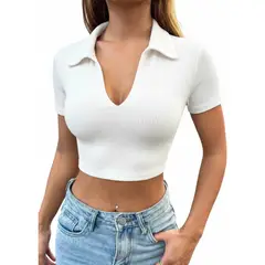 GARSIL - Crop Top Para Mujer Cuello Polo - Pique De Manga Corta