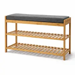 WAKESHOME - Banqueta Zapatera De Bambú 2 Niveles Con Asiento Acolchado Para Living o Entrada Estilo Minimalista