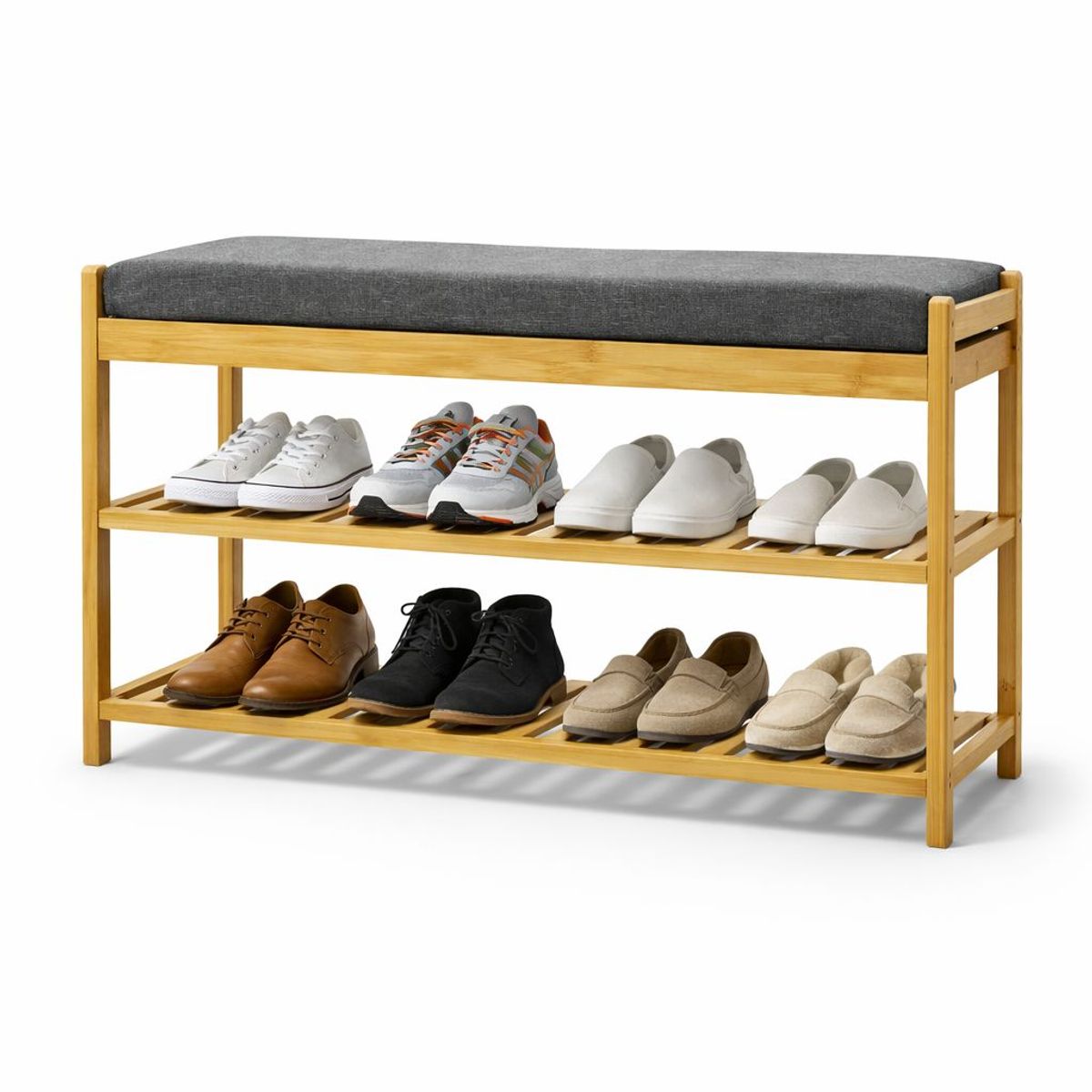 WAKESHOME - Banqueta Zapatera De Bambú 2 Niveles Con Asiento Acolchado Para Living o Entrada Estilo Minimalista