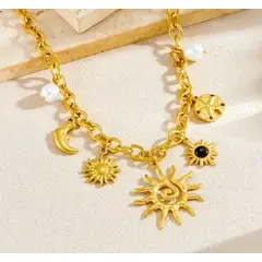 GENERICO - Collar Sol y Perlas Dorado 45cm - Acero Inoxidable Boho Mujer, Sin Níquel
