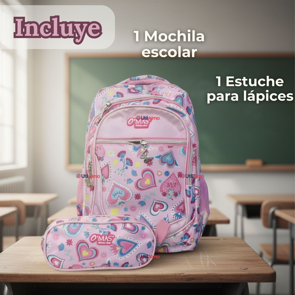 UTILISIMO - Mochila Escolar Con Estuche 36cm Tela Oxford Impermeable Niña