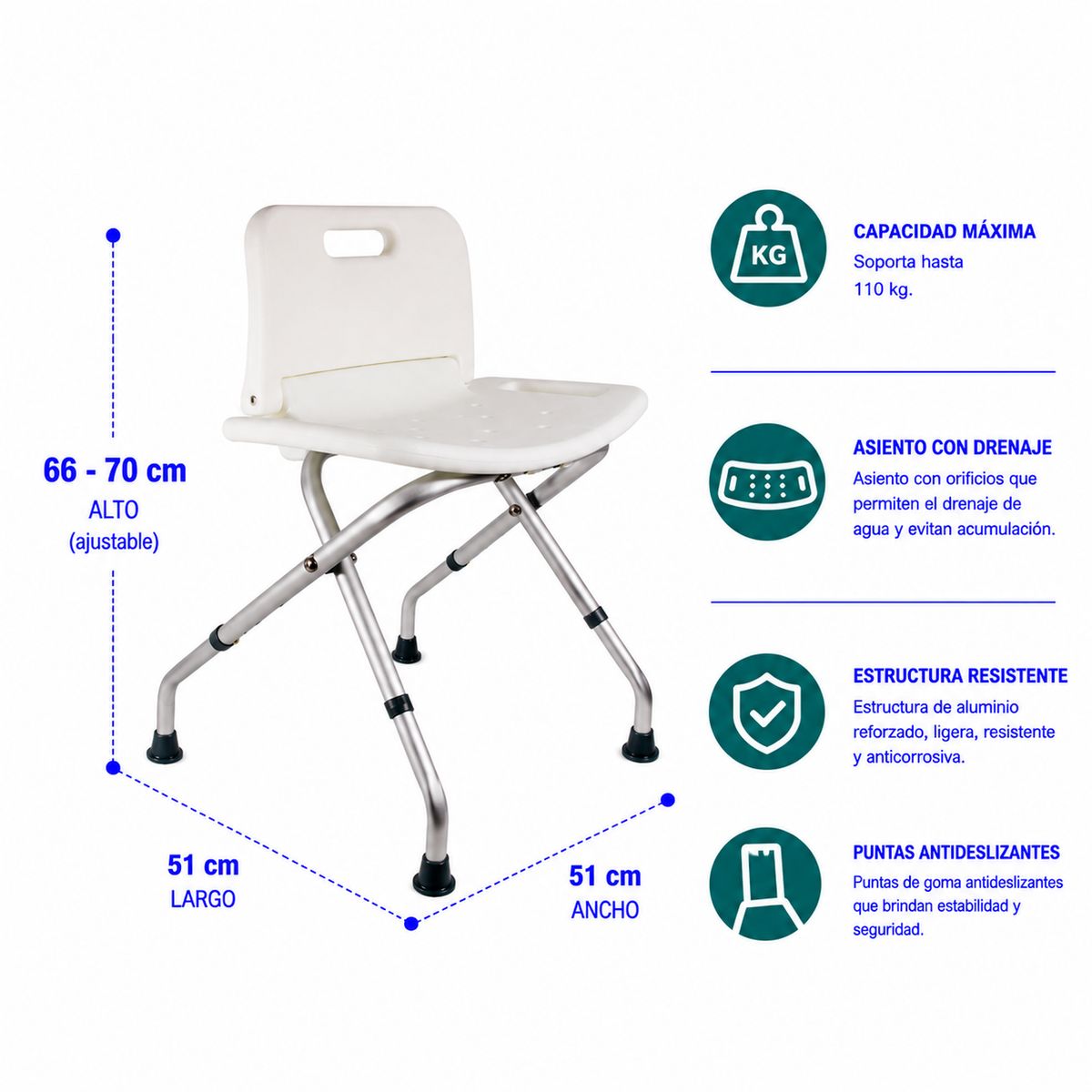 GLOMED - Silla De Ducha Baño Plegable Con Respaldo
