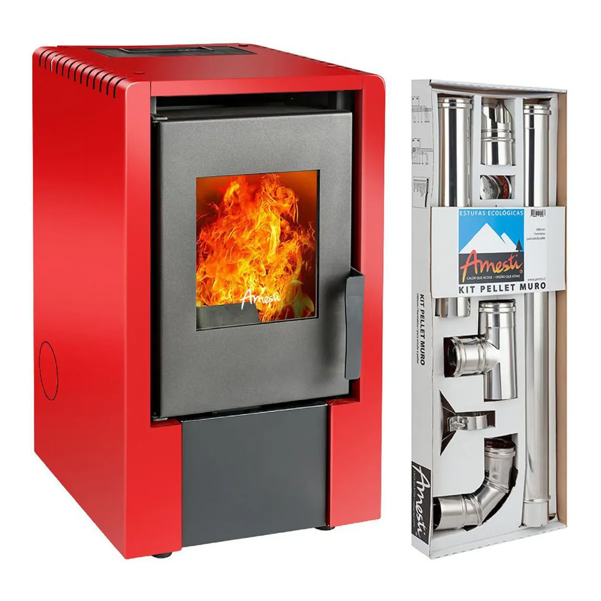 AMESTI - Estufa Pellet Amesti Italy 6100-3 Roja + Kit Instalación Muro Rojo