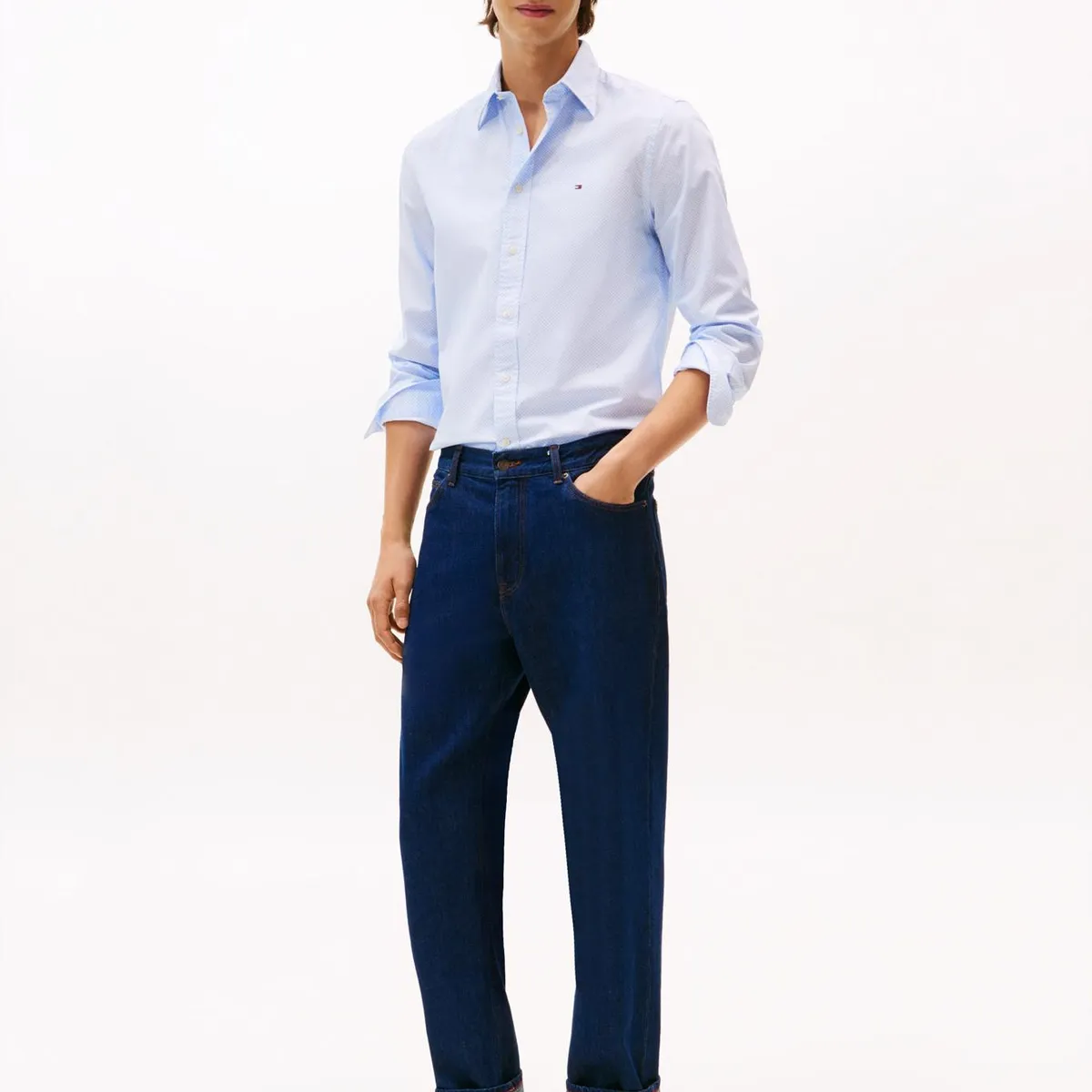 TOMMY HILFIGER - Camisa Flex Poplin Micro Print Regular Fit Celeste Tommy Hilfiger