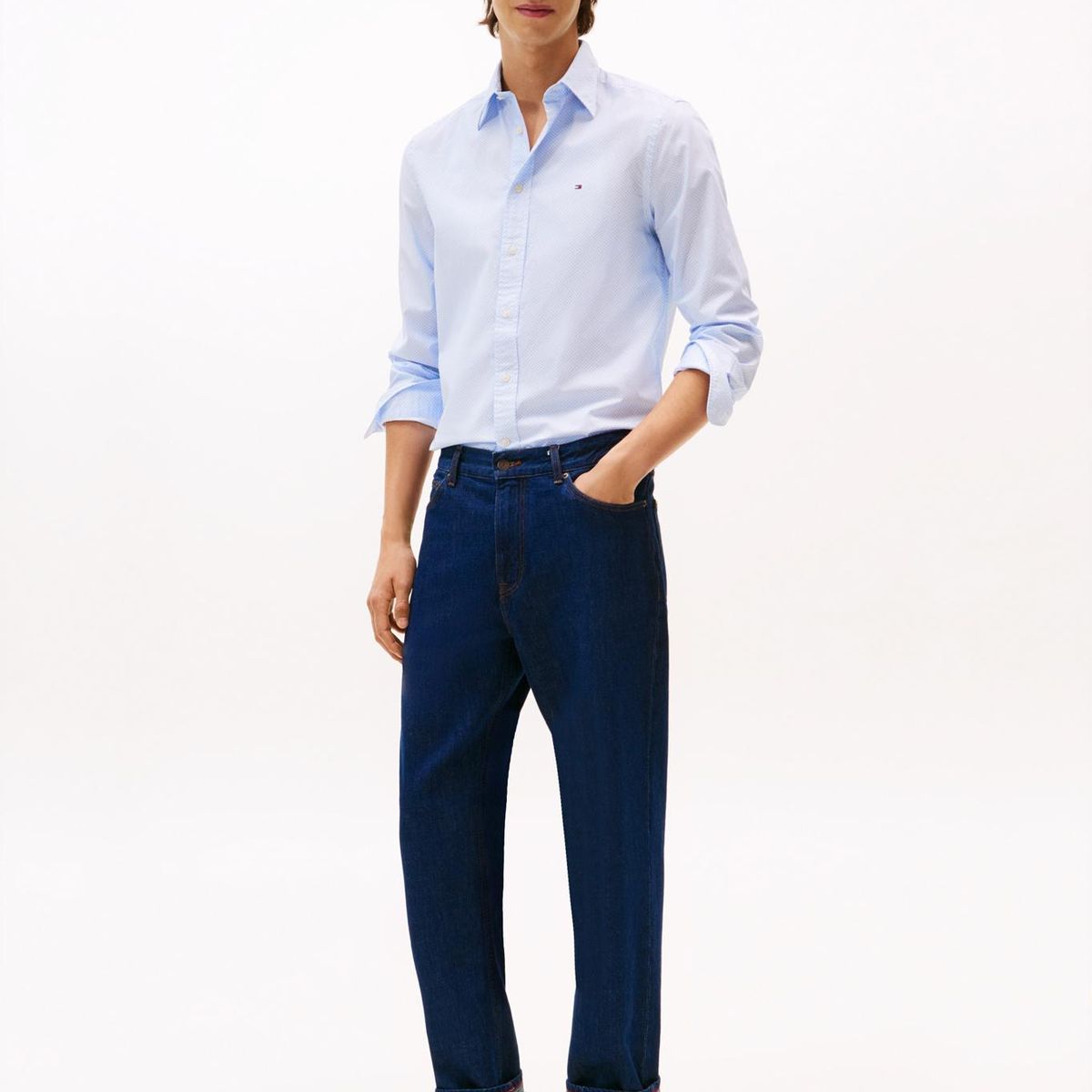 TOMMY HILFIGER - Camisa Flex Poplin Micro Print Regular Fit Celeste Tommy Hilfiger