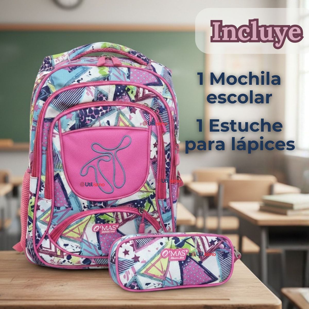 UTILISIMO - Mochila Escolar Con Estuche 43 cm Tela Oxford Impermeable Niña