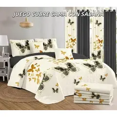 GENERICO - Cobertor de verano tipo Quilt + Juego de Sabanas KING Diseño Mariposas Color Crema