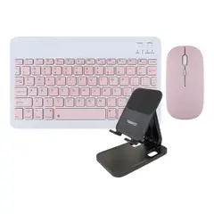 GENERICO - Kit Teclado-Mouse Inalámbrico con Soporte Tablet-Teléfono Rosa