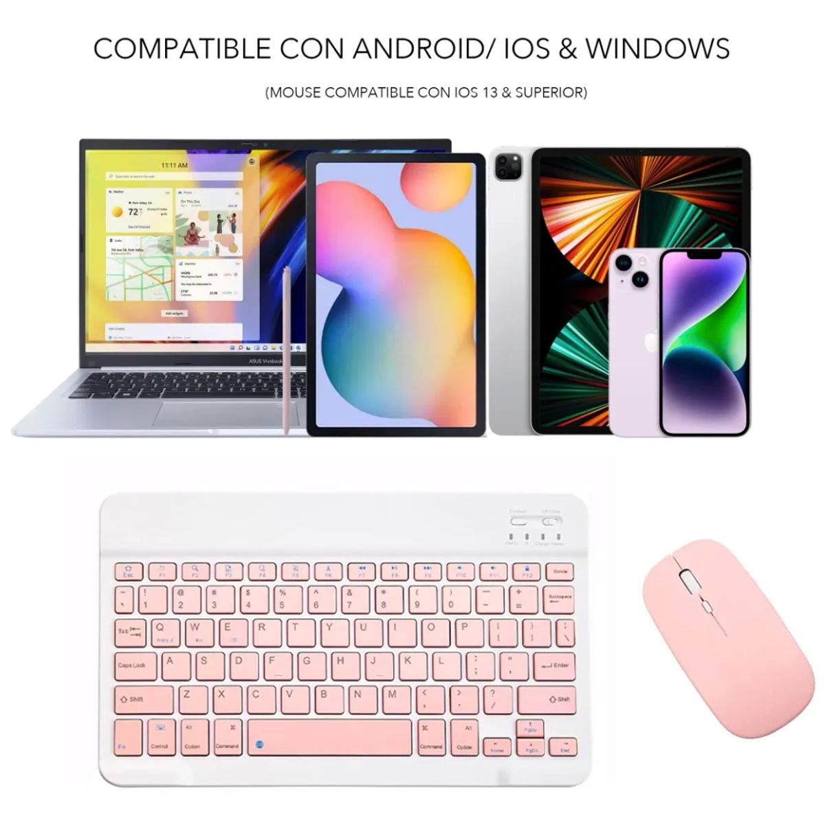 GENERICO - Kit Teclado-Mouse Inalámbrico con Soporte Tablet-Teléfono Rosa