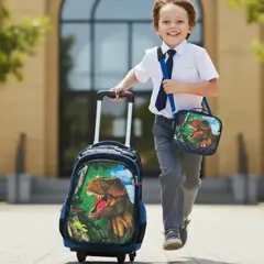 UTILISIMO - Mochila Escolar Con Ruedas + Estuche + Lonchera Poliéster Dinosaurio Niño