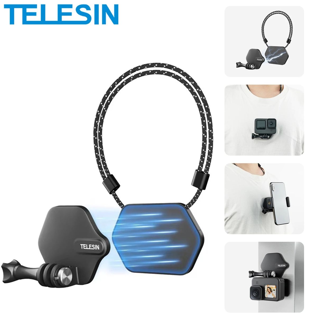 TELESIN - Soporte Mano libre de Cuello Magnético para Cámara Deportiva y  Smartphone