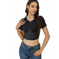 GARSIL - Crop Top Para Mujer De Manga Corta Con Ecocuero En Torso