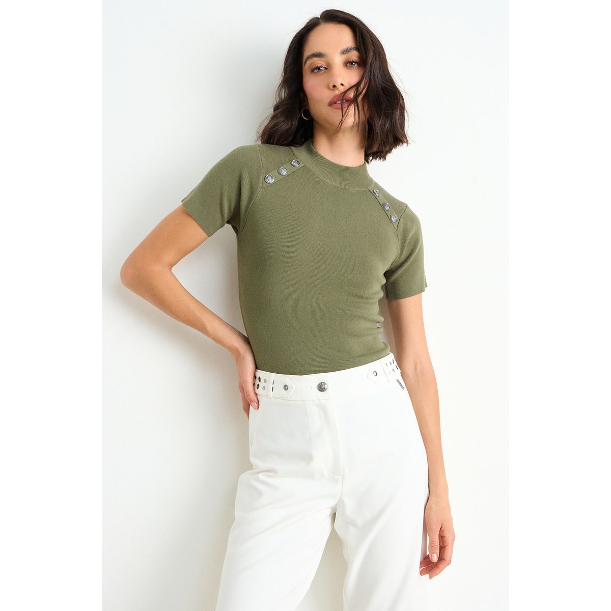 ASH - Polera Tejida Manga Corta Mujer Verde Ash