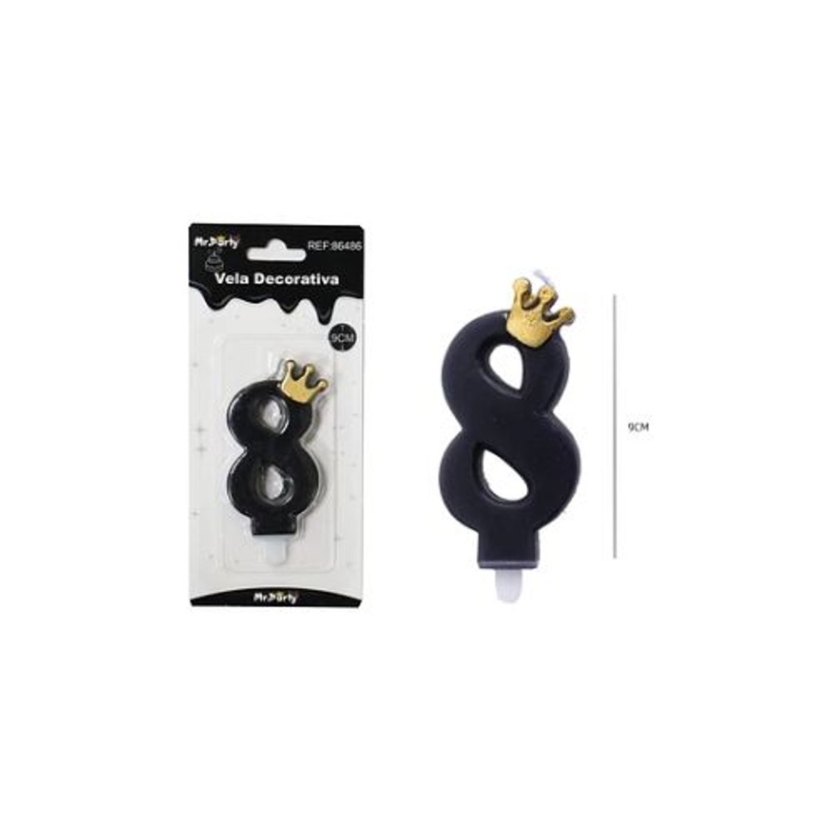 GENERICO - Vela negro de número 8 con corona 9.5cm