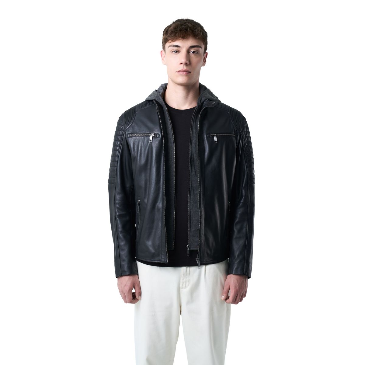 VELEZ - Vélez Chaqueta Belmont Cuero Hombre Capucha Y Pechera Negro