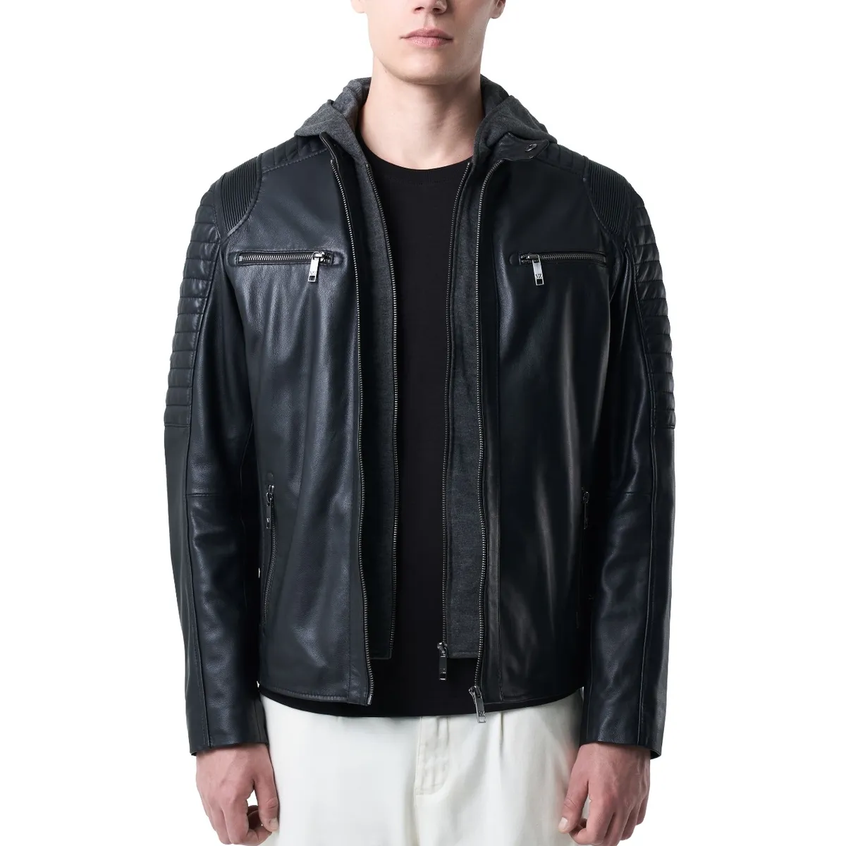 VELEZ - Vélez Chaqueta Belmont Cuero Hombre Capucha Y Pechera Negro