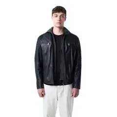 VELEZ - Vélez Chaqueta Belmont Cuero Hombre Capucha Y Pechera Negro