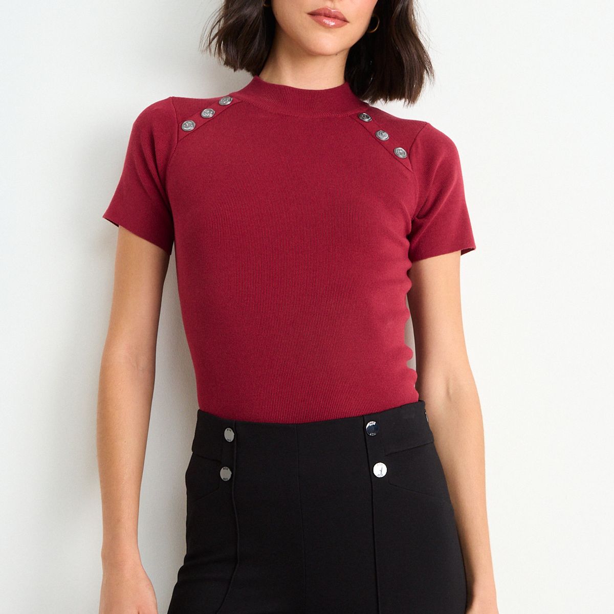 ASH - Polera Tejida Manga Corta Mujer Burdeos Ash