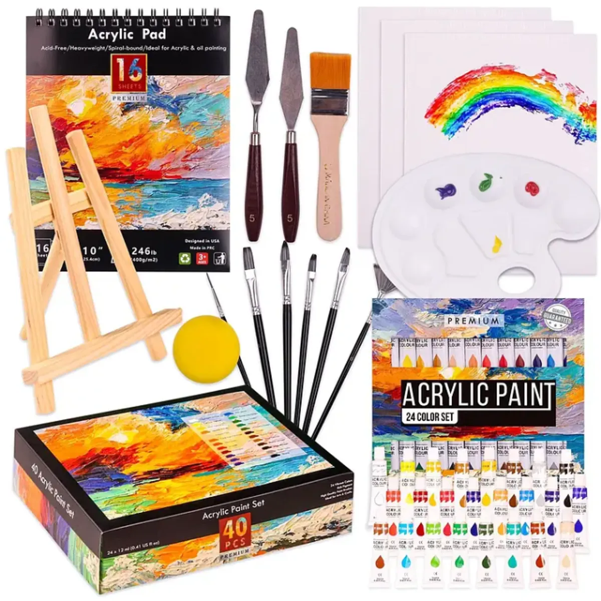 GENERICO - Kit 40pcs Lienzo Pintura Acrilica Bastidor Espatulas Pinceles