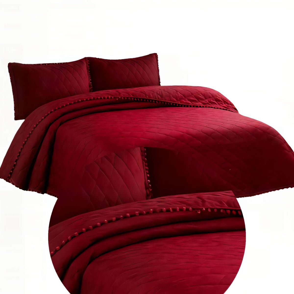 GENERICO - CUBRECAMA CON DETALLES DE POMPONES 15 PLAZA COLOR ROJO