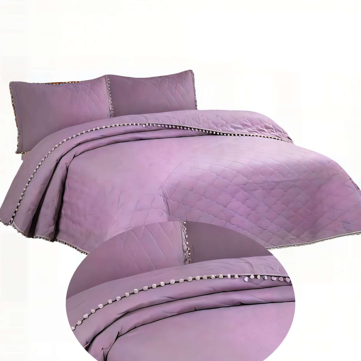 GENERICO - CUBRECAMA CON DETALLES DE POMPONES 15 PLAZA COLOR MORADO
