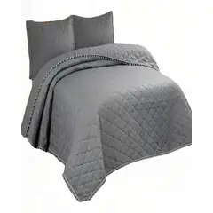 GENERICO - CUBRECAMA CON DETALLES DE POMPONES 15 PLAZA COLOR GRIS