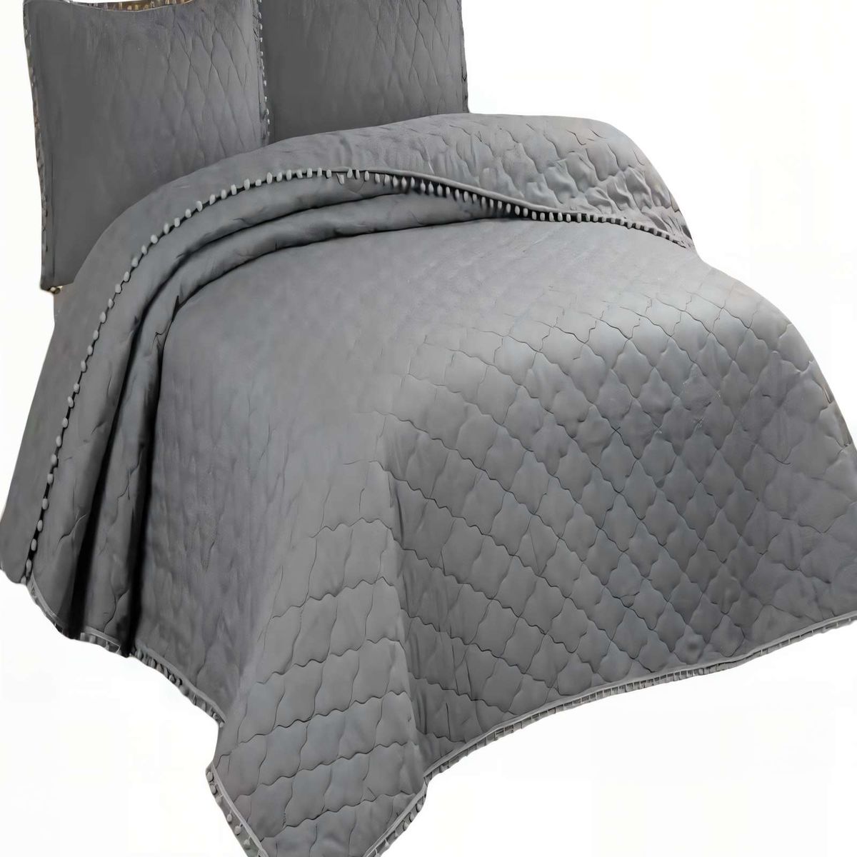 GENERICO - CUBRECAMA CON DETALLES DE POMPONES 2 PLAZAS COLOR GRIS