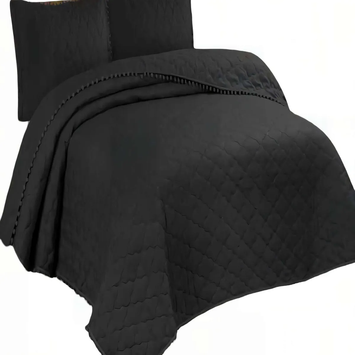 GENERICO - CUBRECAMA CON DETALLES DE POMPONES KING COLOR NEGRO_.