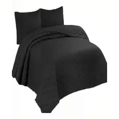 GENERICO - CUBRECAMA CON DETALLES DE POMPONES KING COLOR NEGRO_.