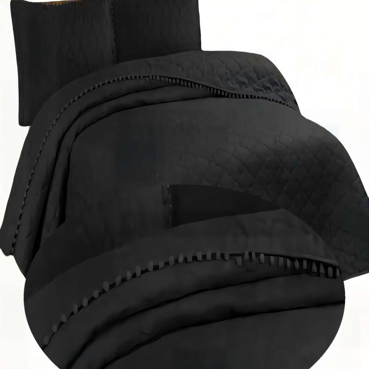 GENERICO - CUBRECAMA CON DETALLES DE POMPONES KING COLOR NEGRO_.
