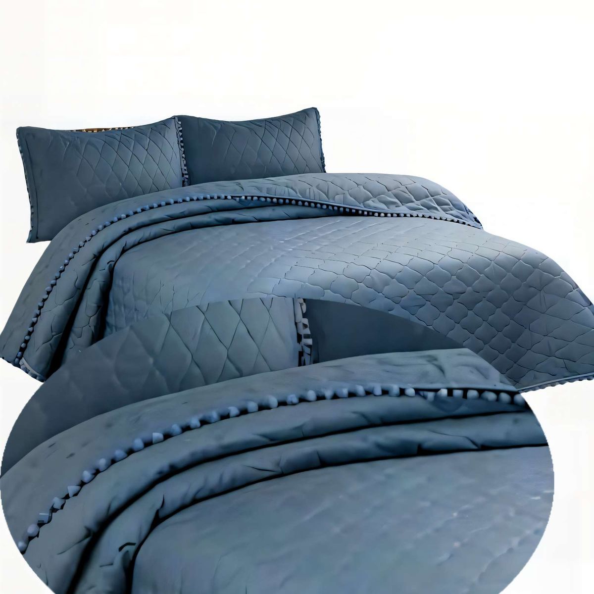 GENERICO - CUBRECAMA CON DETALLES DE POMPONES KING COLOR AZUL