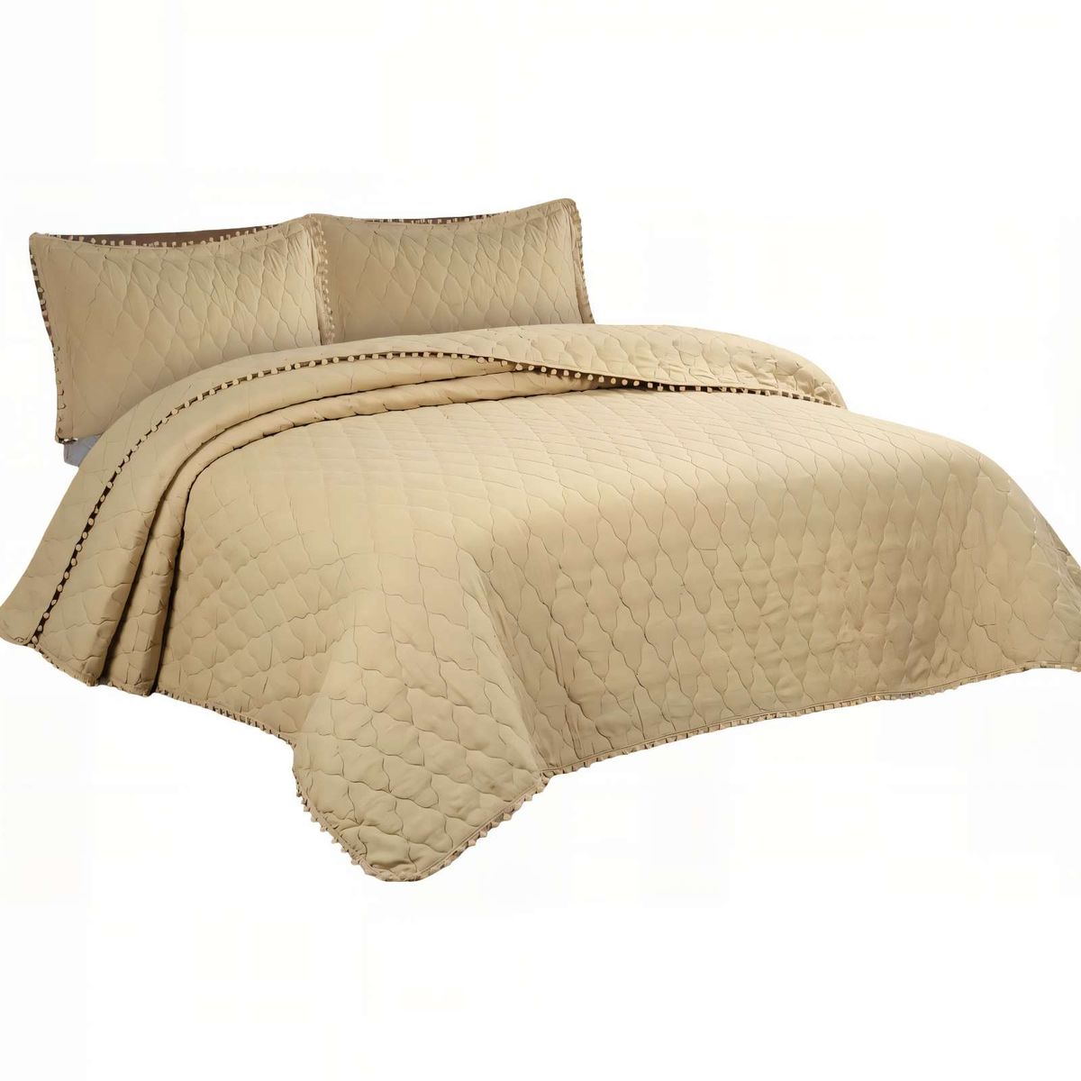 GENERICO - CUBRECAMA 2 PLAZAS CON DETALLES DE POMPONES COLOR BEIGE