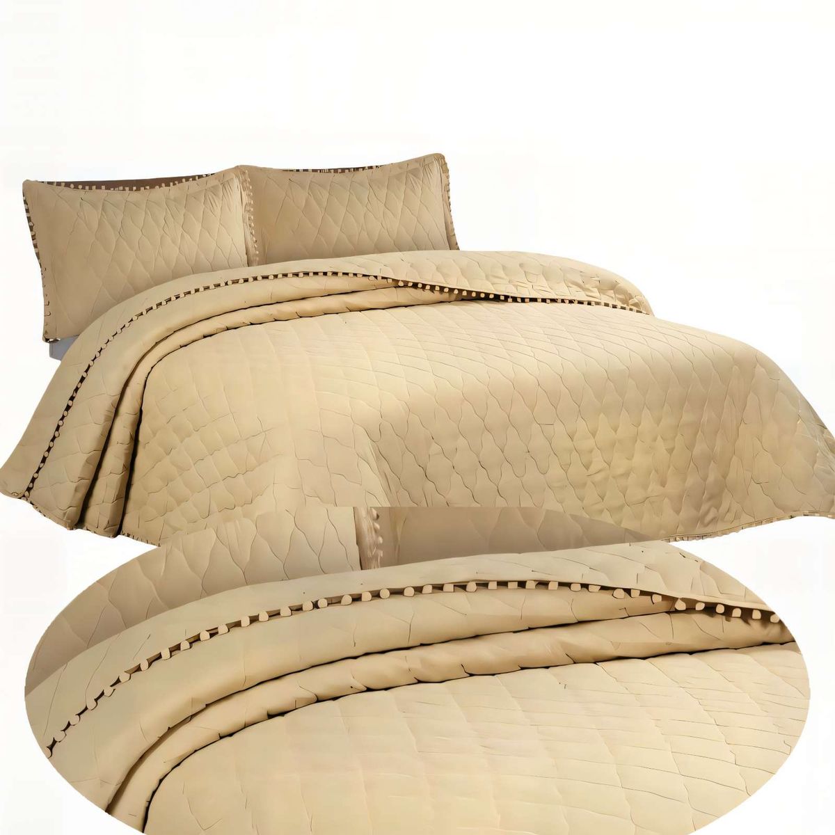 GENERICO - CUBRECAMA 2 PLAZAS CON DETALLES DE POMPONES COLOR BEIGE