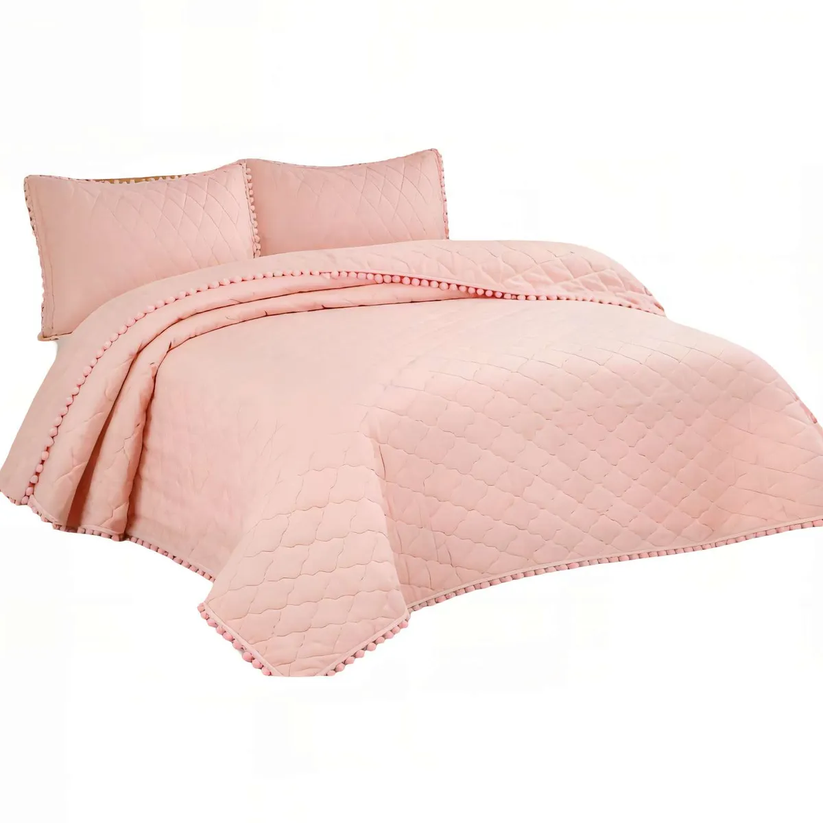 GENERICO - CUBRECAMA KING CON DETALLES DE POMPONES COLOR ROSADO