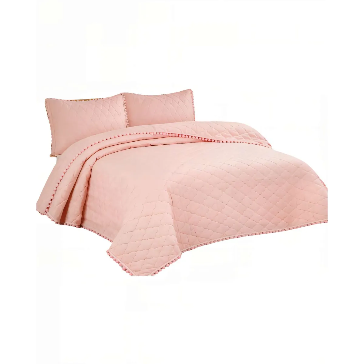 GENERICO - CUBRECAMA KING CON DETALLES DE POMPONES COLOR ROSADO