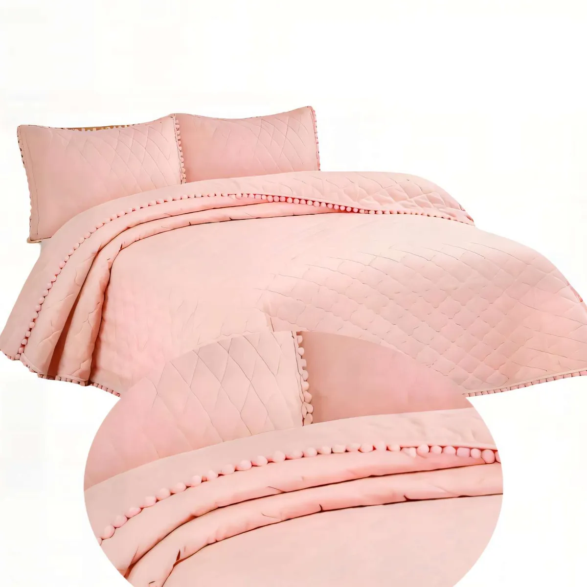 GENERICO - CUBRECAMA KING CON DETALLES DE POMPONES COLOR ROSADO