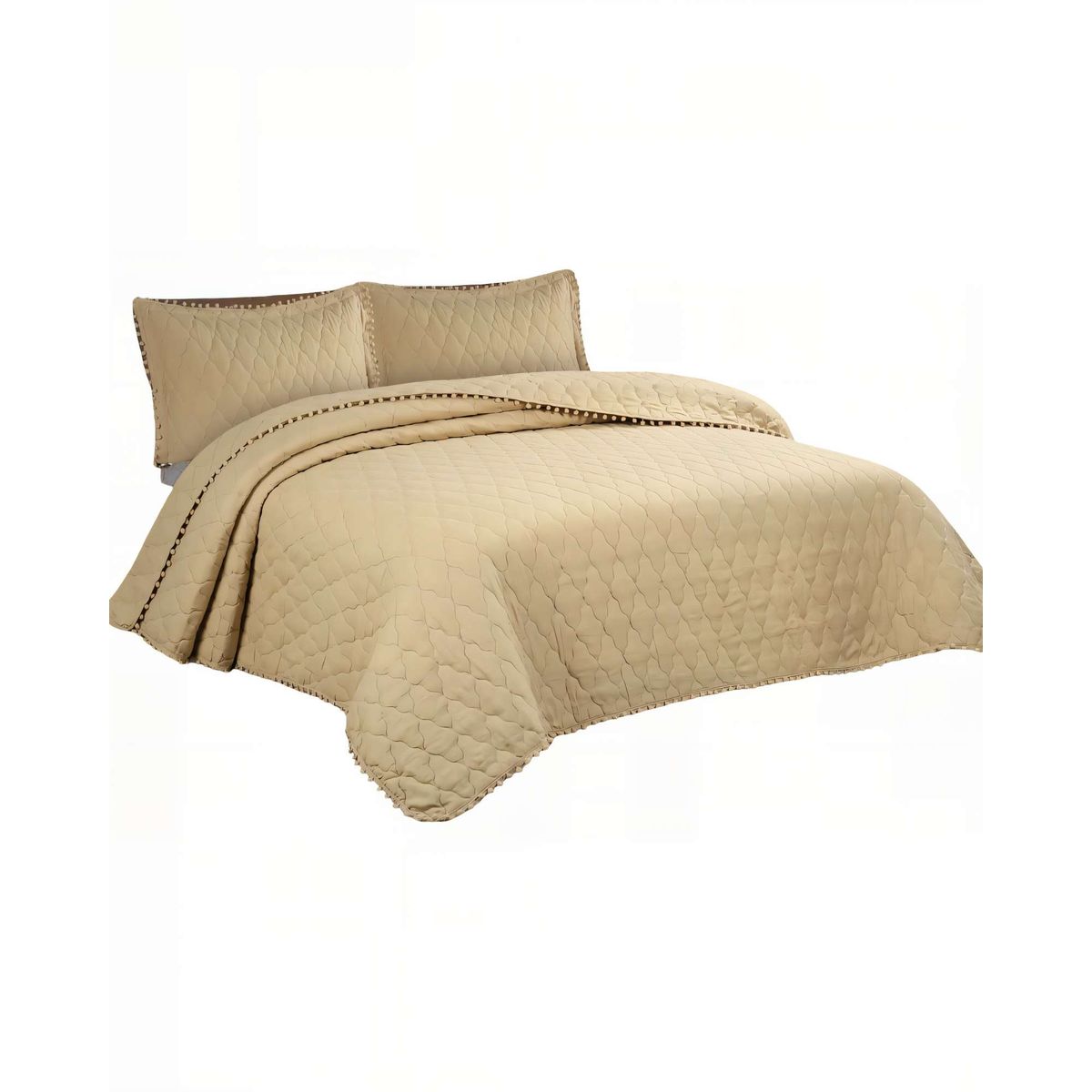 GENERICO - CUBRECAMAS CON BORDES DE POMPON 2 PLAZAS COLOR BEIGE