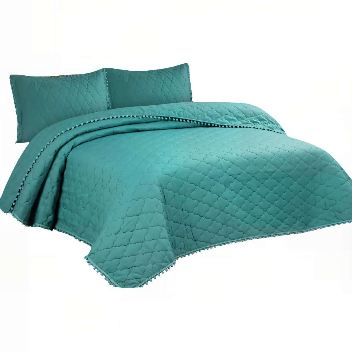 GENERICO - CUBRECAMAS CON BORDES DE POMPON 2 PLAZAS COLOR VERDE