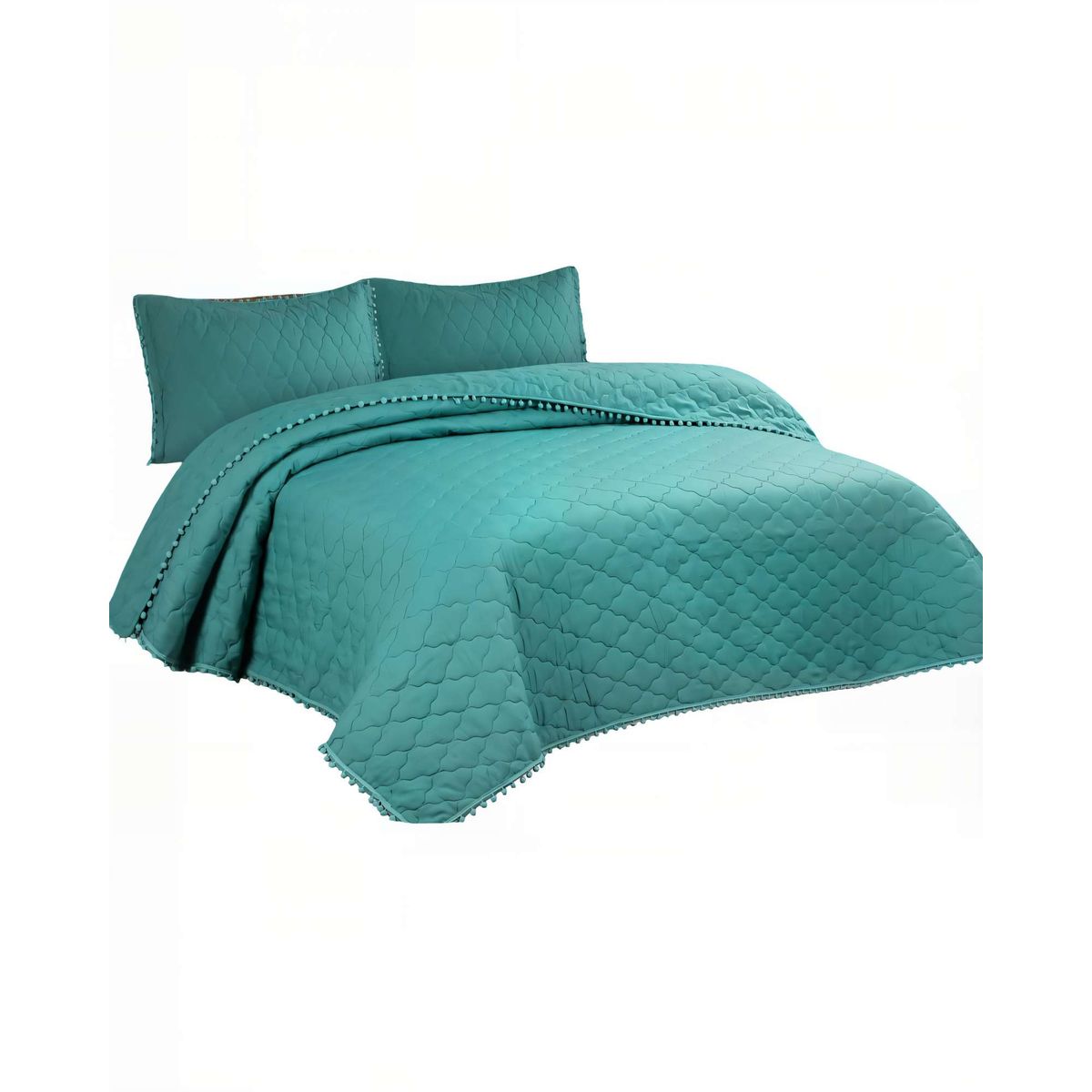 GENERICO - CUBRECAMAS CON BORDES DE POMPON 2 PLAZAS COLOR VERDE