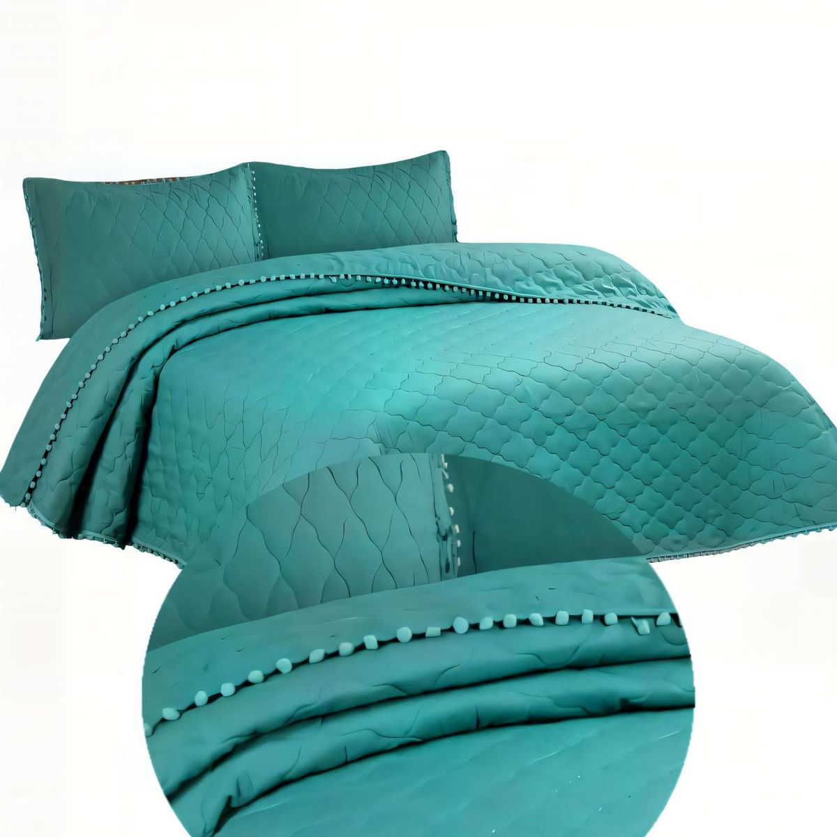 GENERICO - CUBRECAMAS CON BORDES DE POMPON 2 PLAZAS COLOR VERDE