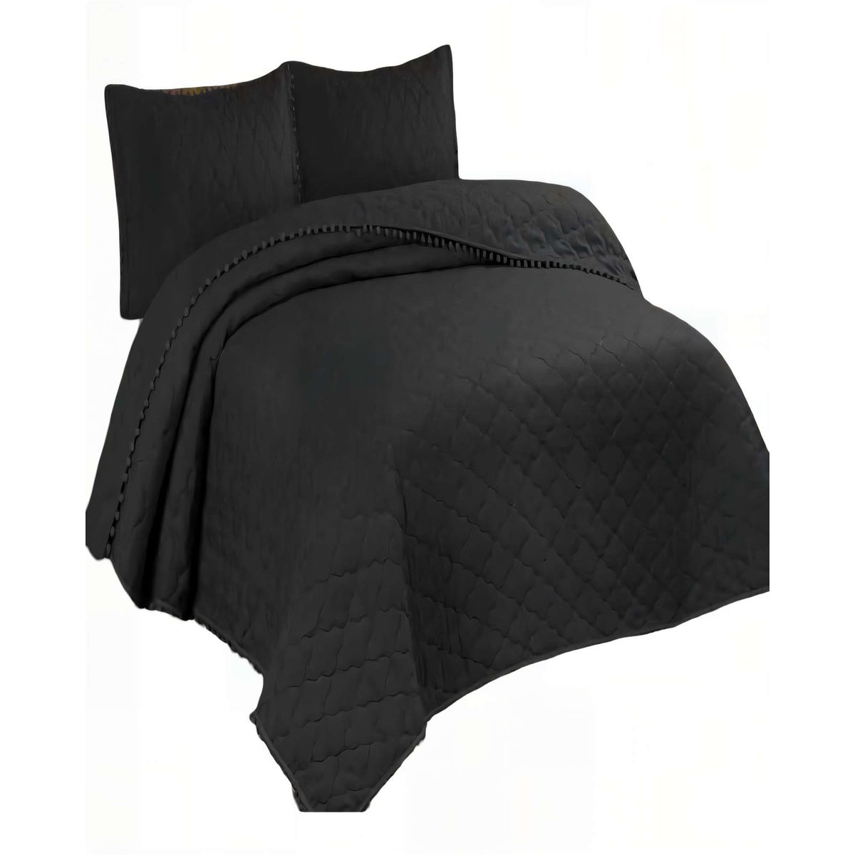 GENERICO - CUBRECAMAS CON BORDES DE POMPON KING COLOR NEGRO