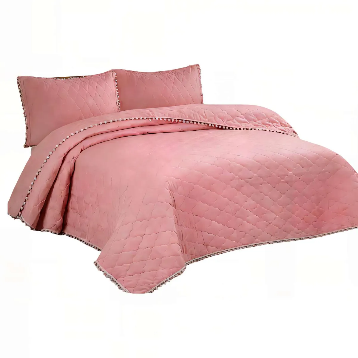 GENERICO - CUBRECAMAS CON BORDES DE POMPON KING COLOR ROSADO OSCURO