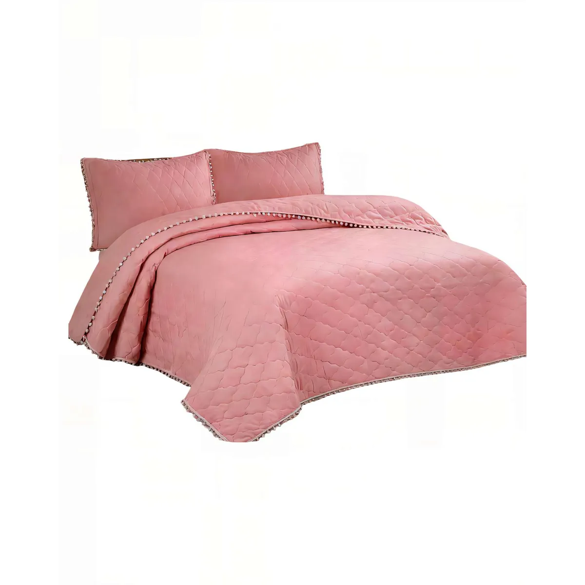 GENERICO - CUBRECAMAS CON BORDES DE POMPON KING COLOR ROSADO OSCURO