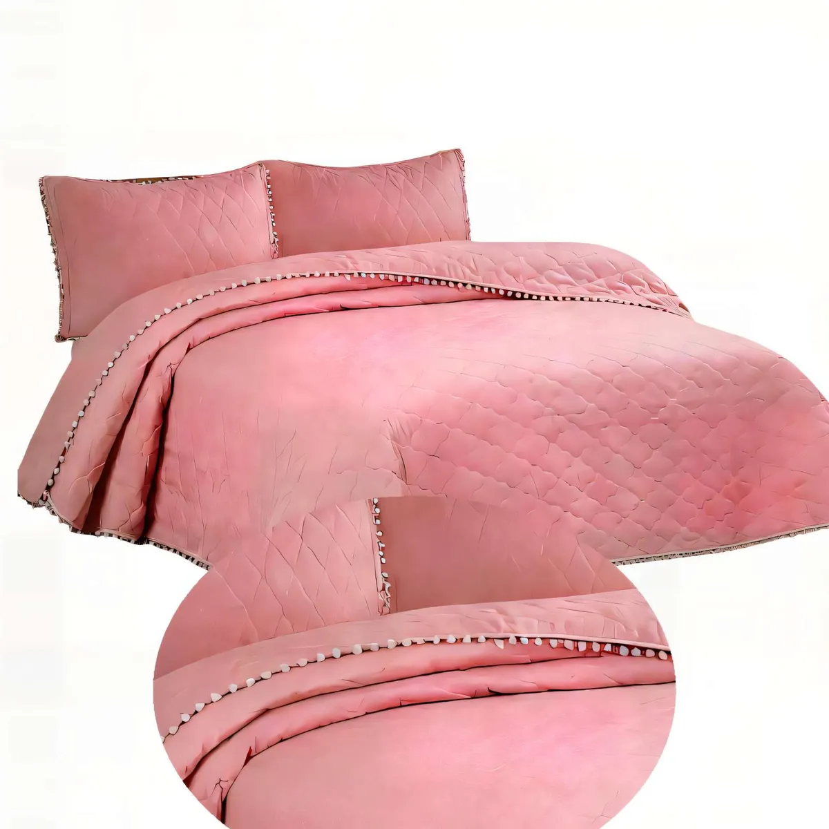 GENERICO - CUBRECAMAS CON BORDES DE POMPON KING COLOR ROSADO OSCURO